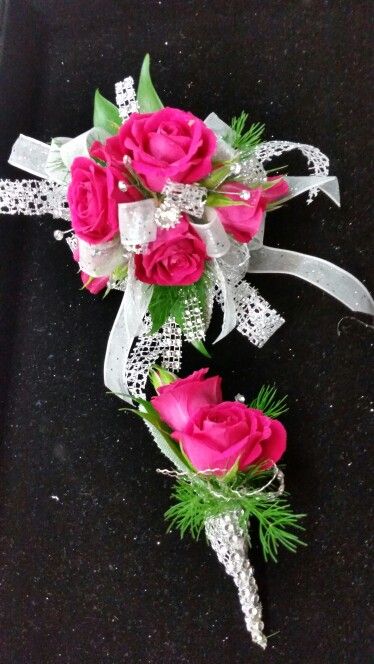 Hot pink spray roses with white and silver accents Corsage For Hot Pink Prom Dress, Pink And Silver Corsage Prom, Hot Pink Flower Corsage, Hot Pink Rose Corsage, Pink And White Corsage Prom, Corsage Prom Hot Pink, Corsage For Hot Pink Dress, Magenta Corsage And Boutonniere, Hot Pink Corsage And Boutonniere Prom