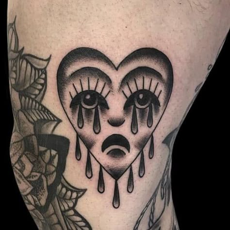 American Traditional Crying Heart, Heart Face Tattoo, White Heart Tattoos, Traditional Heart Tattoos, Traditional Tattoo Drawings, Crying Heart, Black Heart Tattoos, Traditional Black Tattoo, Traditional Tattoo Inspiration