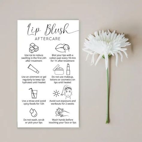 Lip Blush Tattoo Minimalist Logo After Care Guide#tattoo #tattoaftercare #tattoocare Lip Blush Aftercare, Lip Blush Tattoo, Blush Tattoo, Tattooing Machines, Tattoo Oil, Lip Permanent Makeup, Lip Blushing, Watercolor Business, Esthetician Marketing