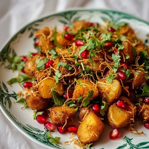 Aloo Chaat is a popular street food and snack in India that features crispy and flavorful potato (aloo) bites tossed with an array of spices and chutneys. This delightful dish is known for its combination of spicy, tangy, and savory flavors that make it an irresistible treat enjoyed by people of all ages. Potato Aloo, Aloo Chaat Recipe, Food Indian, Chaat Recipe, Chaat Masala, Red Chili Powder, North India, Roasted Potatoes, Tasty Food