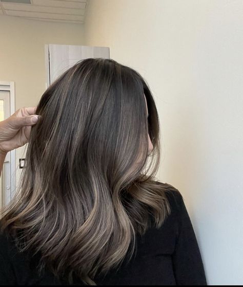 Ash Blonde Balayage On Black Hair Straight, Ash Brown Subtle Balayage, Ash Mocha Highlights, Brunette Balayage Neutral, Balayage Hair On Asian Black Hair, Going From Balayage To Brown, Ashy Mid Brown Hair, Balayage Cool Tones Brunette, Ash Blonde Hair For Brunettes