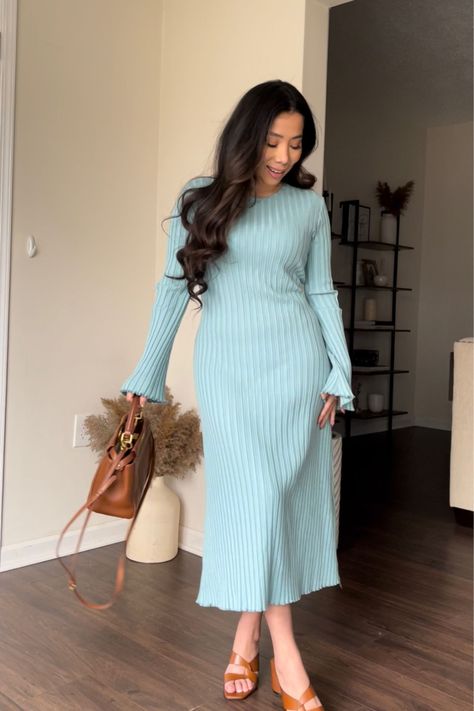 Long Ribbed Dress Outfit, Ribbed Dress Outfit, Soft Dresses, Sweater Dress Outfit, Ribbed Maxi Dress, Flare Long Sleeve, Ribbed Dress, Ribbed Midi Dress, Long Sleeve Knit Dress