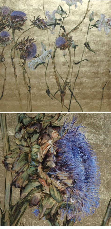 Great flowers on gold leaf. I'm assuming the artist is: Claire Basler Geoffrey Johnson, Claire Basler, Blank Magazine, Gold Leaf Art, Gold Leaf Painting, Botanical Painting, Painted Leaves, Arte Floral, Leaf Art