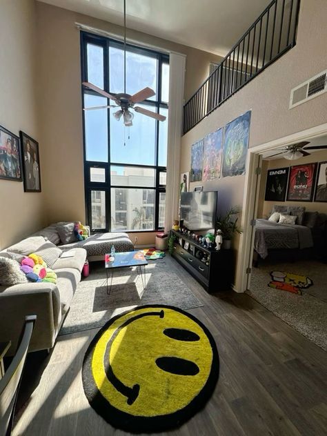 Modern Hypebeast Living Room, Kaws Living Room Ideas, Living Room Designs Y2k, Living Room Hypebeast, Kaws Furniture, Men’s Apartment College, Kaws Interior Design, Kid Friendly Apartment Ideas, Kaws Apartment Decor