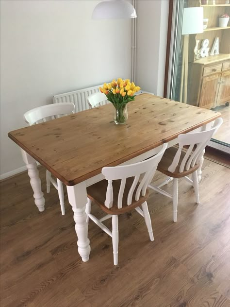 Dining Table Upcycle, Pine Table And Chairs, Wooden Kitchen Table, Dining Table Makeover, Diy Dining Room Table, Upcycled Kitchen, Pine Dining Table, Wooden Table And Chairs, Diy Dining Room