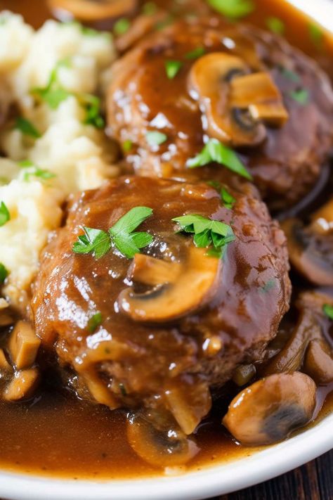 Slow Cooker Salisbury Steak Slow Cooker Salisbury Steaks, Crockpot Salisbury Steak Cube Steak, Salisbury Steak Crock Pot, Slow Cooker Salisbury Steak Recipe, Crockpot Salsberry Steaks, Salisbury Steak Recipe Crockpot, Crockpot Salisbury Steak Easy, Crock Pot Salisbury Steak, Crockpot Salisbury Steak