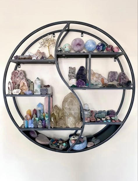 Shelving For Crystals, Pagan Room Ideas, Wicca Room Decor, Home Decor Crystals, Healing Crystal Display Ideas, Crystal Living Room Decor, Display For Crystals, Crystal Bedroom Ideas, Crystal Shelf Aesthetic