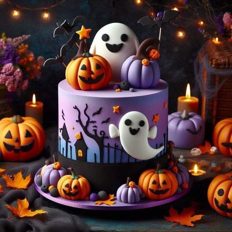 Purple Halloween Birthday Cake, Halloween Birthday Cakes For Kids, 1st Birthday Halloween Theme, Halloween Cakes For Kids, Torte Halloween, Halloween Theme Cake, Cute Halloween Cakes, Halloween Birthday Cake, Halloween Pumpkin Cake