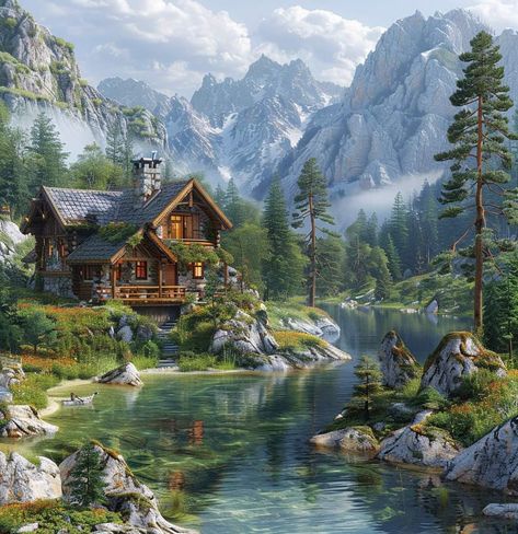 Mountain House Fantasy Art, Cabin In The Mountains, Cottage Painting, Summer Scenes, Landscape Photography Nature, Lake Landscape, Landscape Art Painting, Fantasy House, Rural Landscape