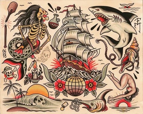 Traditional Nautical Tattoo, Old School Sleeve, Nautical Sleeve, Traditional Tattoo Flash Sheets, Sailor Jerry Tattoo Flash, Bodysuit Tattoos, Tattooed Man, Vintage Tattoos, Sailor Tattoos