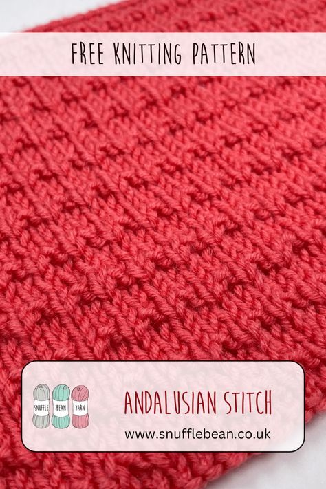 How to Knit Andalusian Stitch [Free Video Tutorial & Written Pattern!] - Snufflebean Yarn Knit Stitch Patterns Texture, Knit Stitch Patterns Free, Easy Scarf Knitting Patterns, Knit Purl Stitches, Knitting Hacks, Circular Knitting Machine, Beginner Knitting, Knitting Basics, Beginner Knitting Patterns