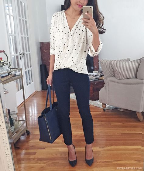 business casual office outfit idea: wrap polka dot blouse + navy ankle pants for work. More easy outfits on the blog! Casual Office Attire, Jean Outfit, Extra Petite, Office Casual Outfit, Stitch Fix Outfits, Summer Work Outfits, Casual Work Outfit, Casual Work Outfits, Maxi Skirts