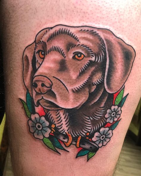 Dog tattoo- pet portrait tattoo - chocolate lab Labrador Retriever Tattoo Ideas, Lab Traditional Tattoo, American Traditional Labrador Tattoo, Traditional Labrador Tattoo, American Traditional Pet Portrait, American Traditional Dog Portrait, Chocolate Lab Tattoo Ideas, Traditional Pet Portrait Tattoo, Traditional Style Dog Tattoo