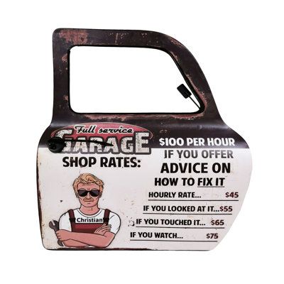 Add some character to your garage with this vintage style "Full Service Garage" sign. | Trinx Full Service Garage Car Door Sign black/Brown/gray 18.0 x 16.5 x 1.5 in, Metal | Home Decor | C010546380 | Wayfair Canada Funny Headlines, Garage Car, Old Garage, Sign Painting, Garage Signs, Garage Art, Accent Wall Decor, Metal Homes, Sign Wall