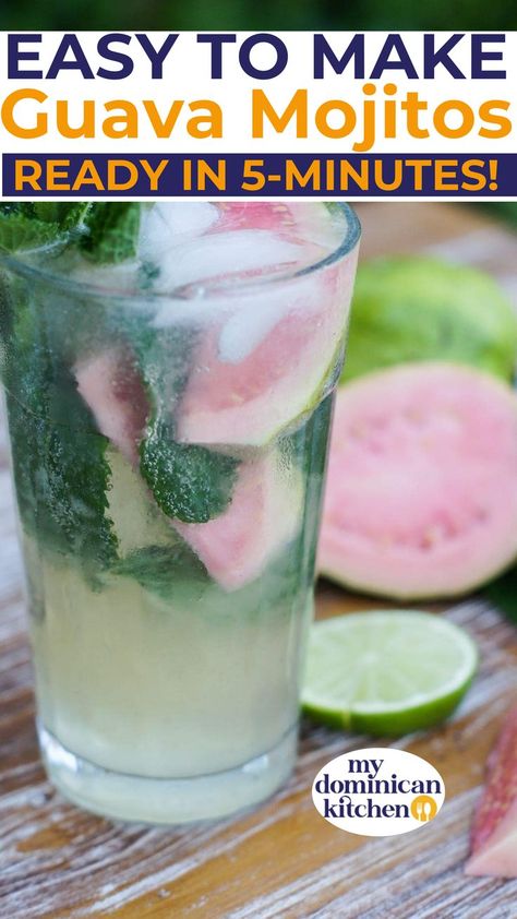 Sweet, refreshing Guava Mojito made with limes, guava nectar, rum and mint leaves. The perfect poolside Summer tropical cocktail to enjoy with friends. | @mydominicankitchen #guavamojitos #bestMojitos#guavarecipes #howtomakeMojitos #refreshingMojitos #cincodemayorecipes #cincodemayoparty How To Make Mojitos, Guava Mojito, Dominican Sancocho, Dominican Chicken, Guava Nectar, Wine Slushies, Homemade Milkshake, Dominican Recipes, Vodka Tonic