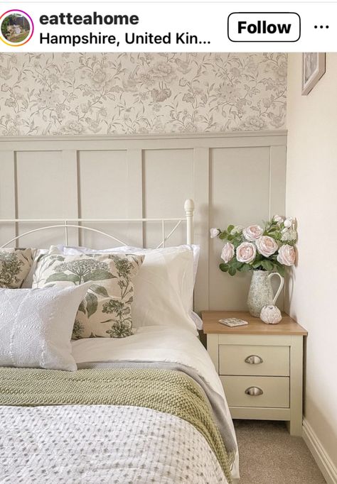 Cotswold Cottage Interior Bedroom, Laura Ashley Bedroom Ideas, Half Panelled Walls Bedroom, Cottage Interiors Bedroom, Mc Bedroom, Bedroom Accent Wall Ideas, Bedroom Accent Wall, Accent Wall Ideas, Bedroom Furniture Makeover