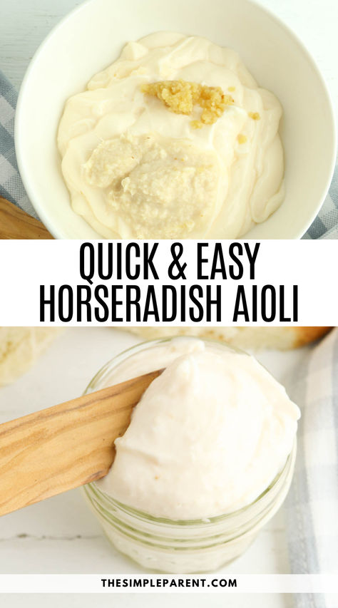 One image of horseradish aioli ingredients in white mixing bowl. Another image of finished aioli in glass jar with wooden spoon. Recipes With Horseradish, Horseradish Aioli Recipe, Aioli Sauce Recipe, Horseradish Aioli, Aioli Recipes, Aioli Sauce, Aioli Recipe, Todays Menu, Cultural Celebration