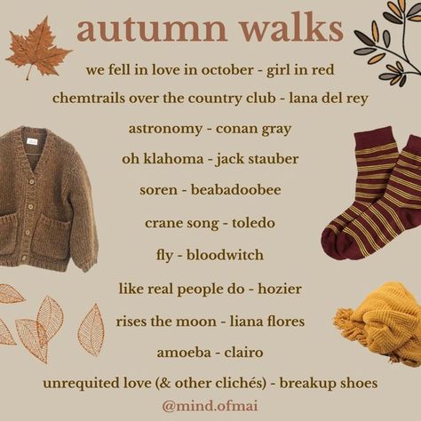 How To Get In The Autumn Mood, Autumn Vibes Playlist, Songs To Add To Your Fall Playlist, Fall Playlist Ideas, Songs For Autumn, Fall Playlist Aesthetic, Fall Notebook Ideas, Taylor Swift Bucket List, Darling Desi Autumn