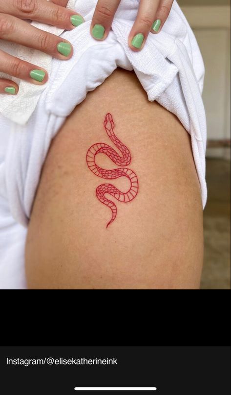 Red Tattoo Snake, Red Filler Tattoo, Snake Red Tattoo, Small Red Snake Tattoo, Snake Tramp Stamp, Red Ink Snake Tattoo, Delicate Snake Tattoo, Red Snake Tattoo, Snake Outline