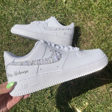 We can write your new married name with any colour font to match your theme! 😍 Airforce 1 Wedding Shoes, Matching Wedding Air Forces, Bride Air Force Ones, Wedding Nike Air Force, Custom Wedding Air Force 1, Nike Air Force 1 Wedding, Wedding Nikes, Air Force 1 Wedding, Wedding Trainers