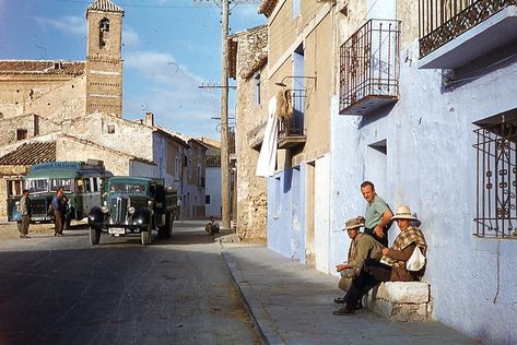 Calatayud Bus | Stopping on the road from Zaragosa in 1959. | Michael Leonard | Flickr Rural Spain, Life In Spain, Leica Camera, Time Warp, Bus Stop, Colour Photograph, Spain Travel, The 1950s, City Life