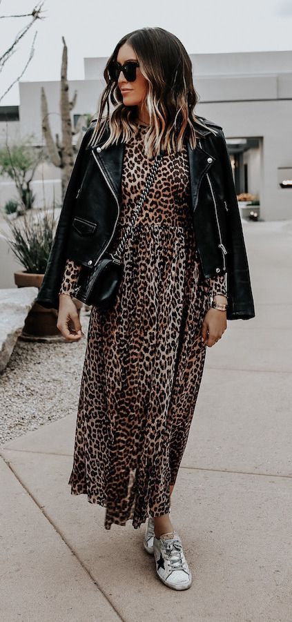 Leopard Print Maxi Dress Outfit, Leopard Midi Dress, Leather Jacket Dress Outfit Winter, Leopard Print Dress Outfit Summer, Leopard Dress Outfit Fall, Leopard Maxi Dress Outfit, Leopard Print Dress Outfit Winter, Leopard Dress Outfit Winter, Leopard Print Autumn Outfit