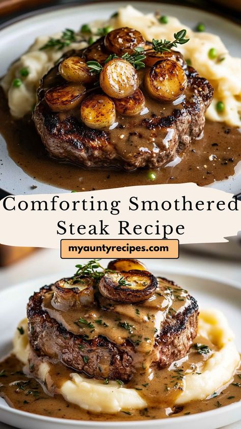 Discover the ultimate smothered steak recipe that combines tender beef with a rich, savory gravy. Perfect for cozy dinners, this dish is easy to make and will leave everyone asking for seconds. Serve it over mashed potatoes for a hearty meal. Mashed Potatoes Dinner Meals, Steak Gravy Recipe, Sauteed Steak, Steak And Mashed Potatoes, Smothered Steak, Gravy For Mashed Potatoes, Easy Gravy Recipe, Family Meal Prep, Over Mashed Potatoes