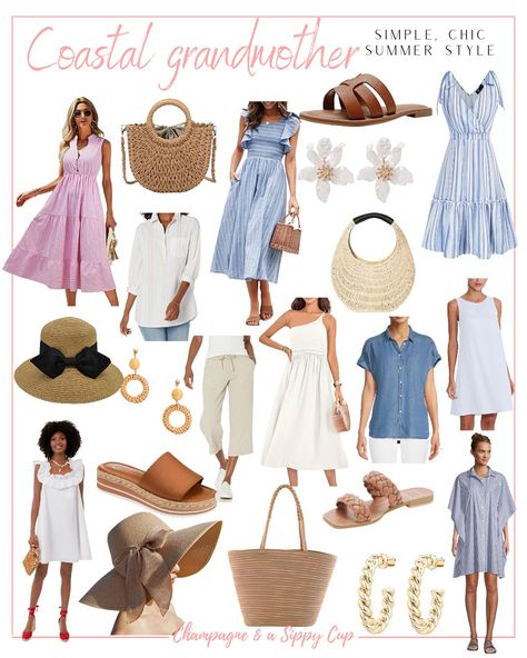 Collage of blue, pink, and white styles in a coastal grandmother trending style Coastal Grandma Spring Outfits, Cottage Grandma Outfit, Grandmillennial Style Clothing, Nantucket Womens Style, Mid Size Coastal Grandma, Costal Mom Aesthetic, Coastal Gramma Outfits, Coastal Grandma Dress, Coastal Grand Mother Outfits