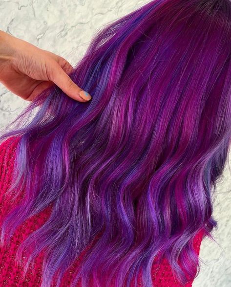 Vimto purple? Yes, please! 🍇🍇 @emdoeshair232 creating such a gorgeous purple tone using Plum Passion, Fuschia Shock and Electric Amethyst. Plus, a Purple Haze + Pastel-izer combination 💜 #manicpanicpro #manicpanicprofessional #MPUK #UV #uvhair #collection #haircollection #manicpanicuk #manicpanic #vivid #vividhair #vegan #vegancolour #veganlife #vegansofinstagram #unicornhair #mermaidhair #instavegan #inspiration #hair #hairspo #fuckinghair #crueltyfreehairdye #crueltyfree Purple And Fuschia Hair, Electric Amethyst Hair, Purple Rage Hair Color, Manic Panic Electric Amethyst, Pravana Vivids Violet, Unicorn Hair, Trendy Hair Color, Hair Collection, Vegan Life