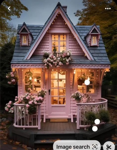 Make Your Own Rose Cottage - A Cottage in the Forest Pink Apartment Exterior, Country Rose Cottage, Cute Tiny Cottage, Pink She Shed, Pink Cottage House, Small Pink House, Romantic Houses, Cute Cottage House, Garden Cottage House