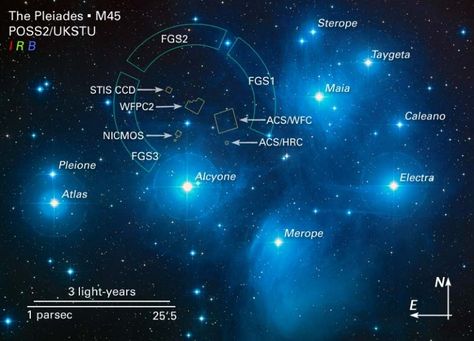 Hubble's view of the Pleiades including star names (Photo: NASA) Binary Star, Star Clusters, Sky Watch, The Pleiades, Star Formation, Stars In The Sky, Seven Sisters, Star Cluster, Star System