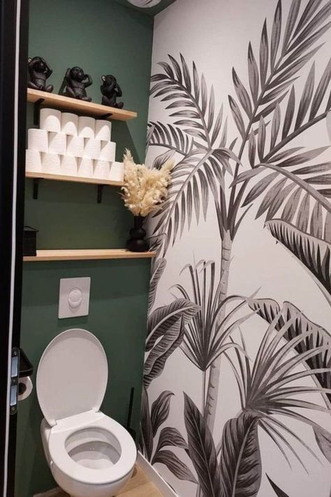 Toilet Room Renovation, Toilet Room Ideas With Cabinet, Bohemian Half Bath, Faux Plants In Bathroom, Toilet Room With Storage, Toilet Room Wallpaper, Wc Jungle, Small Toilet Room Ideas, Bed Modern Luxury