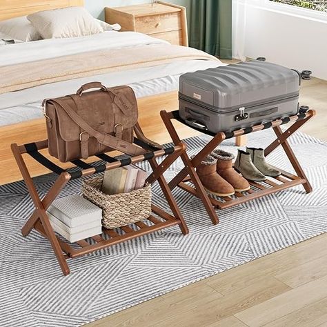 Amazon.com: Smuxee Fully Assembled Walnut Luggage Racks Pack of 2, Upgraded Bamboo Foldable Suitcase Stand with 5 Nylon Straps, Luggage Holder with Shelf for Guest Room Bedroom Hotel : Home & Kitchen Suitcase Shelves, Suitcase Stand, Luggage Racks, Clothes Making, Luggage Rack, Safe Storage, Bedroom Hotel, Low Shelves, Compact Storage