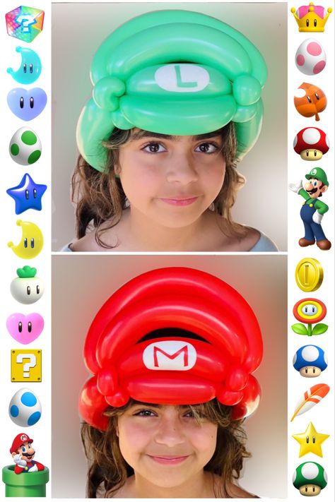 A picture of a child wearing a red balloon Mario hat. Another picture of the same child wearing a green balloon Luigi hat. Both pictures are surrounded by icons from the Mario Brothers video games. 260 Balloons, Super Mario Bros Party Ideas, Balloon Hats, Balloon Hat, Super Mario Bros Party, Twisting Balloons, Mario Bros Party, Balloon Modelling, Bouquet Tutorial