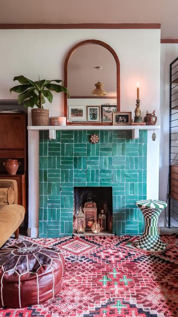 Hayley Stuart - DIY & INTERIORS on Instagram: "{ad} Fireplace makeover reveal with @worxuk 🔨 . This DIY project is something I have thought about doing for a while now and let me tell you, I’m so happy I did! It is also 100% reversible with very minimal wall damage, so it can revert straight back to its original brick at any time. I must also mention, it is not a working fireplace due to years of birds nest build up, so there is no fire risk. I made a backing board out of plywood and then seale Colorful Faux Fireplace, Colorful Tile Fireplace Surround, Removed Fireplace Ideas, Revamp Fireplace Surround, Tile In Fireplace, Spanish Tiled Fireplace, Terracotta Tile Fireplace Surround, Tiled Fire Surround, Vintage Tile Fireplace Surround