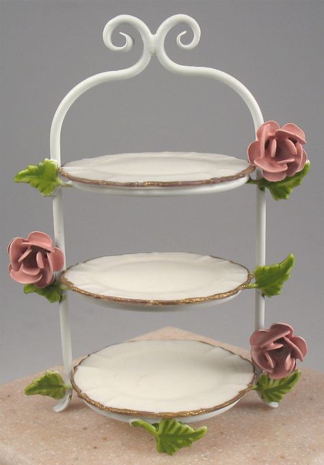 Dessert Stand 3 tier- J. Getzen Miniature Cake Stand Diy, Tea Cake Stand, Mini Cake Stand, Dollhouse Supplies, Miniature Bakery, Miniature Cake, Doll House Crafts, Bridal Tea, House Furniture Design