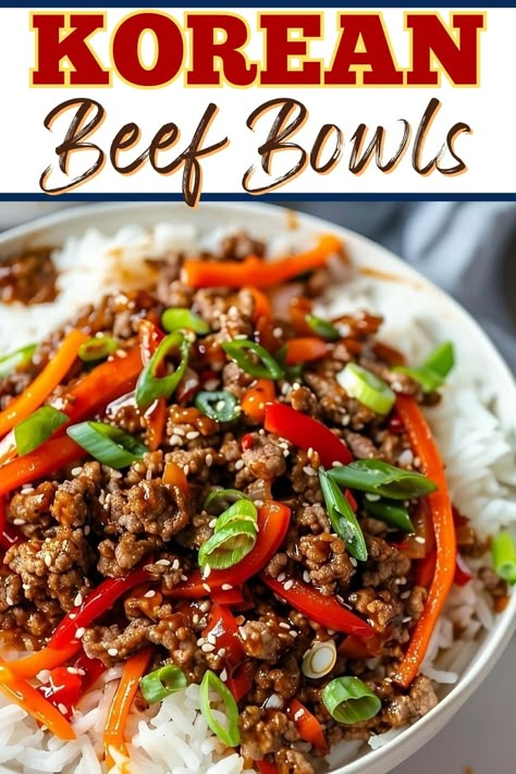 Skip takeout and try this easy Korean beef bowl. It's loaded with tender beef, crisp veggies, and a delightful sauce and comes together in 15 minutes. Asian Beef Rice Bowl, Beef Poke Bowl, Korean Bowl Recipe, Korean Beef Recipe, Easy Korean Beef, Italian Noodles, Beef Bowl Recipe, Delish Dinners, Korean Beef Recipes