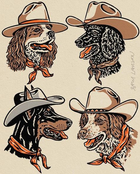 Sam Larson on Instagram: "4 MORE COWDOGS. Been working on a bunch of new cowdogs lately. Here is the first 4 from this year. More in the works. Swipe for close ups. Thanks for checking out my art! #illustration #brittany #poodle #spaniel #doberman" Brittany Spaniel Drawing, Dog With Cowboy Hat Tattoo, Brittany Spaniel Tattoo, Cowboy Dog Tattoo, Western Sketches, Vintage Doberman, Poodle Illustration, Dog Graphic Design, Cowboy Illustration