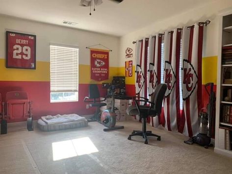 Chiefs Room Ideas, Kansas City Chiefs Room Ideas, Chiefs Bedroom, Andy's Room, Andys Room, Room Revamp, Teenage Boy Room, Kc Chiefs, Boys Bedrooms