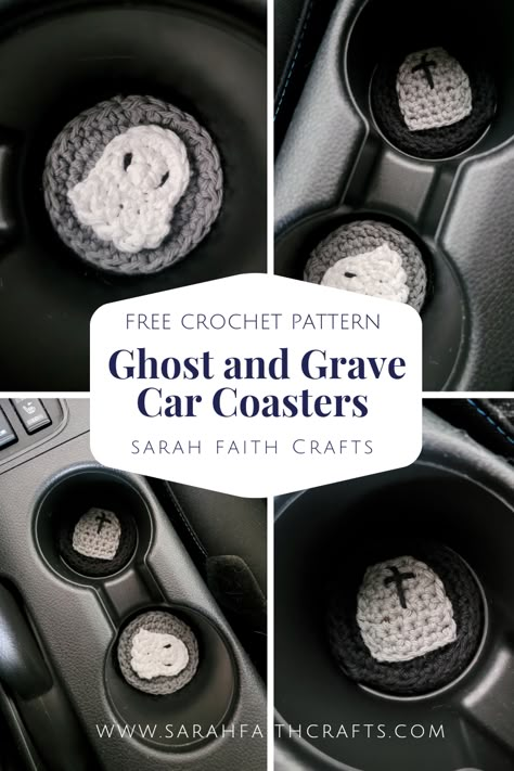 Get ready to add a spooktacular touch to your vehicle's interior with these free crochet patterns for ghost and grave car coasters! 🏳️‍🌈💀 Perfect for Halloween or a spooky car ride, these coasters will surely make your car stand out in style! Grab your crochet hooks and start creating these ghoulishly fun patterns today! 🎃✨ Crochet Car Coasters Halloween, Crochet Spooky Pattern Free, Crochet Coasters For Car, Halloween Coasters Crochet Free Pattern, Crochet Car Cup Holder Coaster Pattern, Free Crochet Patterns Car Accessories, Car Coaster Crochet Pattern Free, Crochet Patterns For Car, Crochet Spooky Pattern