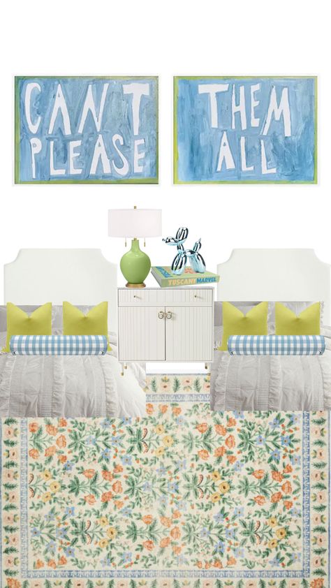 Blue & green floral dorm inspo!! Loving this preppy mature dorm look and this bright rug is my favorite!! #dormdecor #dorm #dormroomideas #preppy #decor #college Blue And Green Preppy Room, College Dorm Room Rugs, Preppy Green Room, Preppy Green Bedroom, Green Preppy Room, Blue And Green Dorm Room, Southern Dorm Room, Dorm Room Blue, Coastal Dorm Room