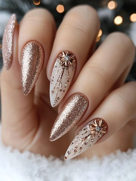 Elegant Holiday Nails, Almond Nails Elegant, Christmas Almond Nails, Almond Manicure, Rose Gold Nails Design, Almond Nail Designs, Snowflakes Ornaments, New Years Nail Designs, Holiday Nails Christmas