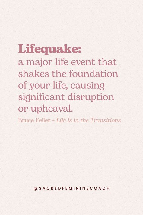 Life has a way of shaking us to our core, often without warning. Bruce Feiler, in his book Life Is in the Transitions, introduces the concept of a "lifequake"—a major life event that disrupts not just one part of your life but often spills over into every aspect.  💕Click the link for a few tips for navigating your lifequake.....  #rebirth #femininerebirth #sacredfeminine #lifechanges #lifecoach #lifequake #transformation #gratitude #universe #emotion #mindset Quotes About Transformation, Transformation Quotes, Without Warning, Emotional Resilience, Sacred Feminine, Book Of Life, Life Coach, Life Changes, Gratitude