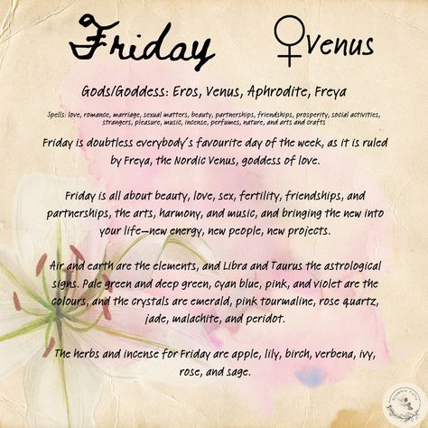 TGIF! I hope the week has been kind to you! Here are Friday's correspondences - Happy Weekend! #correspondence #symbolism #friday #venus #witch #wiccan #pagan #witchcraft #norse #freya #love Norse Freya, Venus Goddess Of Love, Digital Grimoire, Freya Goddess, Venus Goddess, Goddess Magick, Spiritual Vibes, Libra And Taurus, Ivy Rose