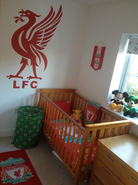 Our little footballers LFC bedroom Soccer Themed Bedroom, Soccer Bedroom, Football Bedroom, Club Bedroom, Liverpool Wallpapers, Liverpool Home, Bedroom Trends, Liverpool Football Club, Liverpool Football