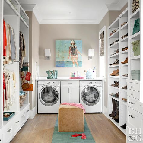 Washer And Dryer In Clothes Closet, Laundry With Closet, Closet And Laundry Room Ideas, Storage Bottom Of Closet, Closets With Laundry Room, Laundry Room With Clothes Storage, Master Laundry Room, Laundry Room With Closet Storage, Closet And Laundry Room Combo