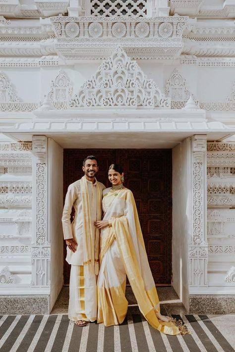 Tamil Engagement Saree, Modern Wedding Saree, Telugu Groom Outfit, Tamil Engagement Look, Tamil Wedding Guest Outfit, Tamil Groom Outfit, Kerala Groom Outfit Hindu, Engagement Saree Kerala, Kerala Bridal Look