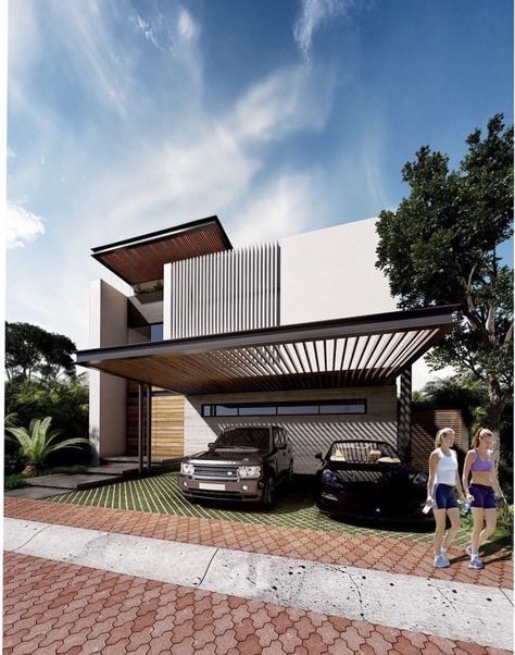 Home Car Parking Ideas, Parking Area In Front Of House, Car Porch Design, Car Porch, Midcentury Architecture, Modern Tropical House, Modern Trellis, Swimming Pool Architecture, Facade Architecture Design