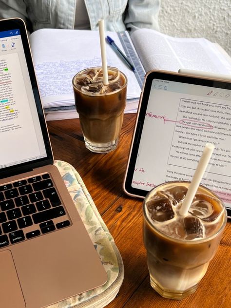 Studying With Coffee Aesthetic, Coffee Studying Aesthetic, Aesthetic Cafe Studying, Cafe Writing Aesthetic, Study In A Cafe Aesthetic, Iced Coffee Studying Aesthetic, Study With Coffee Aesthetic, Studying And Coffee, Coffee Shop Laptop Aesthetic