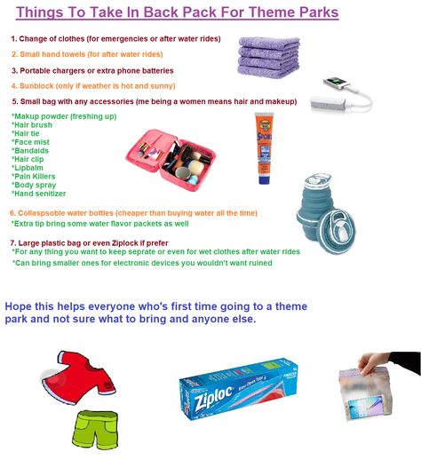 Things To Bring To A Water Park, What To Bring To A Theme Park, Things To Bring To An Amusement Park, Amusement Park Snacks To Pack, Amusement Park Must Haves, What To Take To A Theme Park, What To Pack For A Theme Park, Amusement Park Checklist, What To Bring To A Concert List